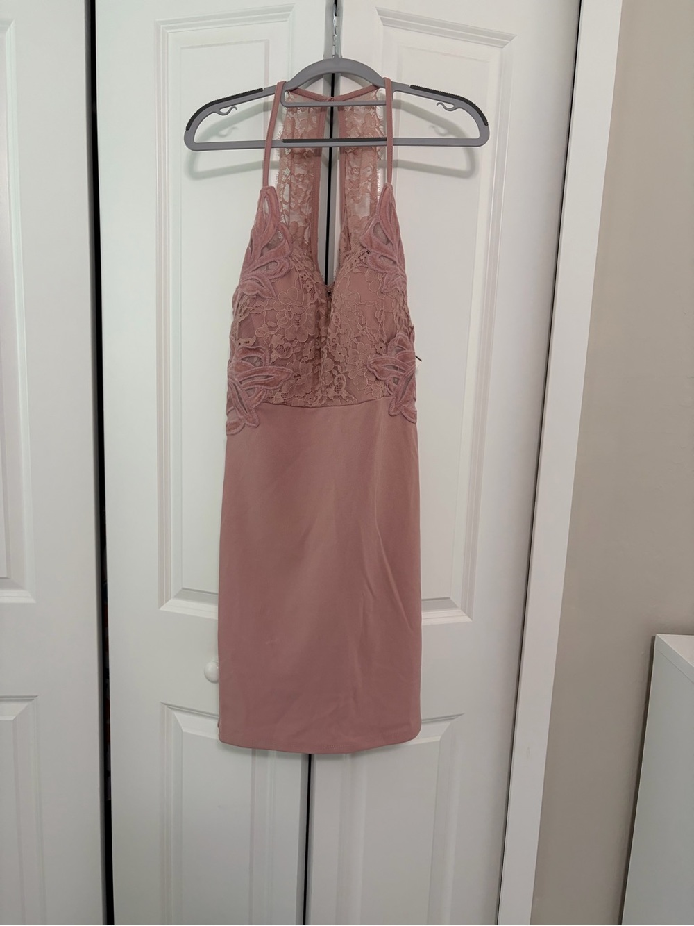 Lace Halter Bodycon Dress in Dusty Rose